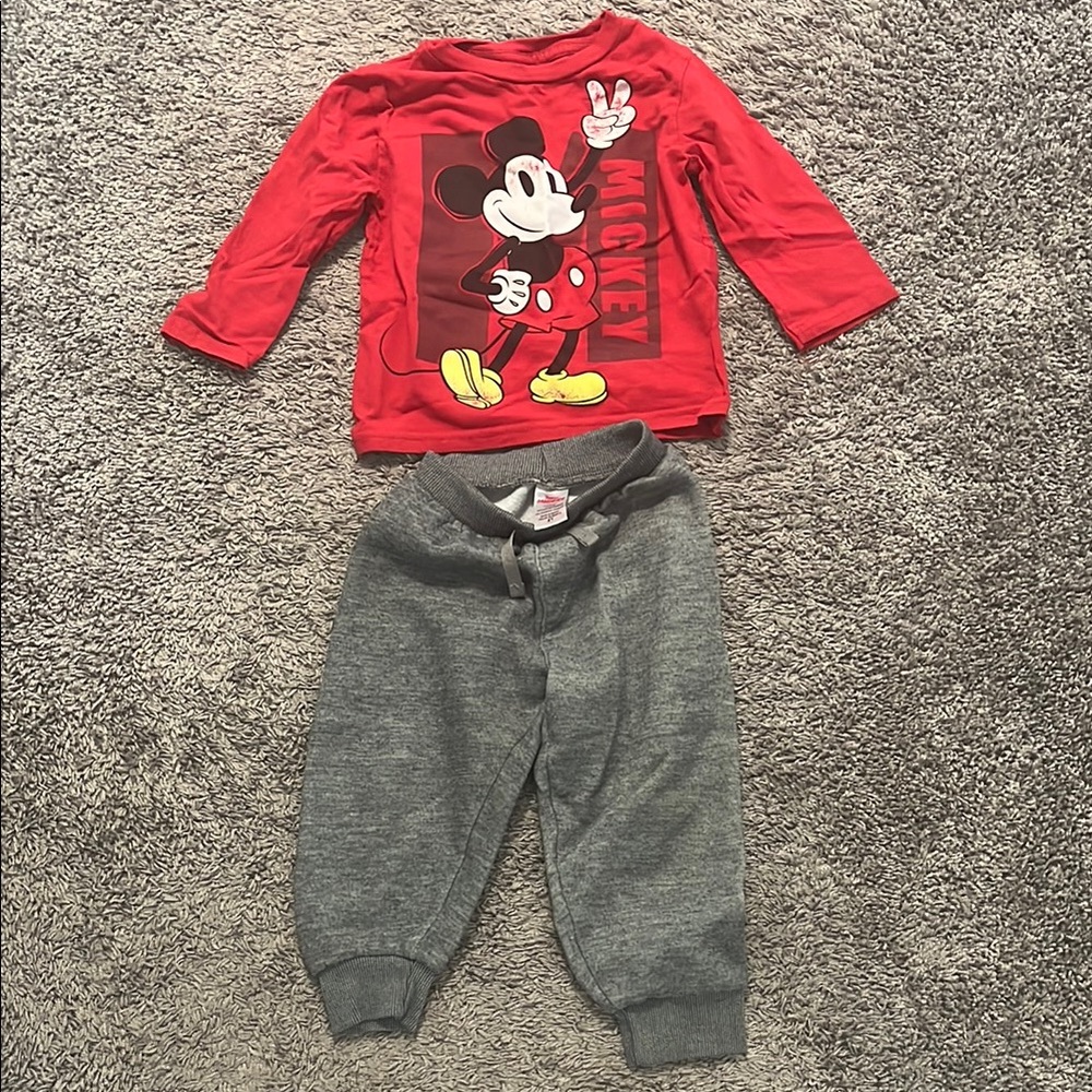 Red Mickey Mouse Shirt and Gray‎ Pants Set Size 2T